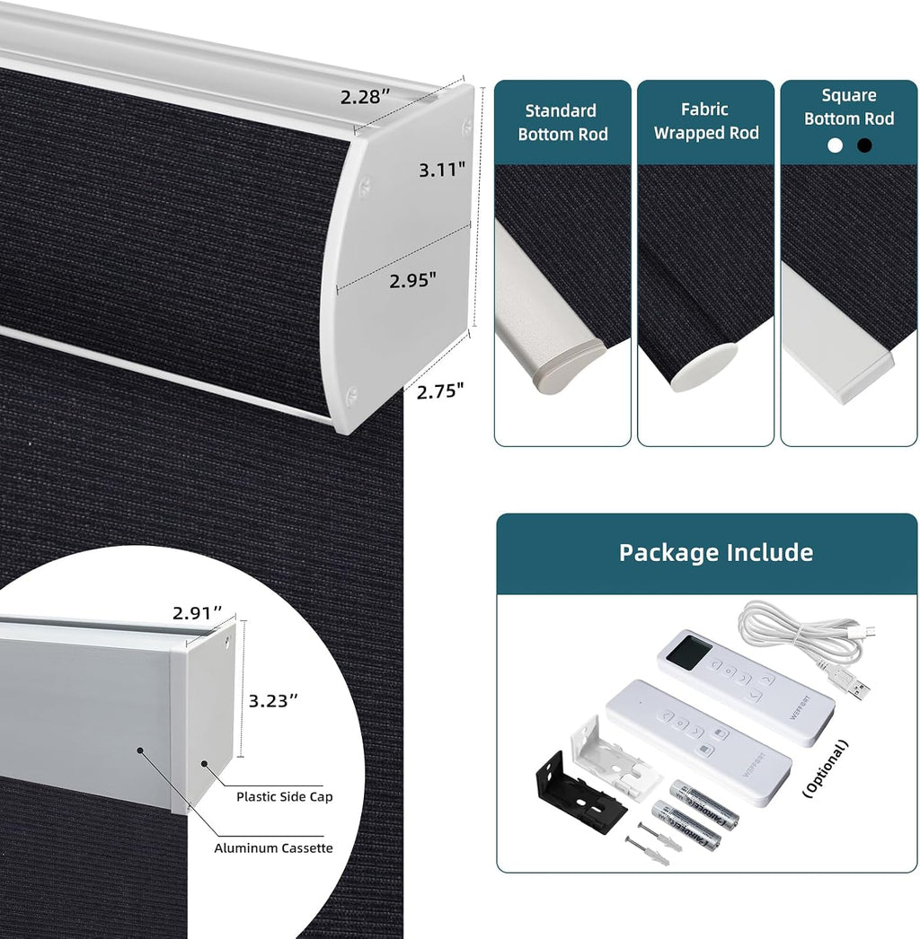 Motorized Roller Shade, 100% Blackout Smart Window Blinds Work with Homekit, Alexa, Google Home, Remote Control, Electric Blinds with USB/Solar Pannel,Dark Eclipse Black