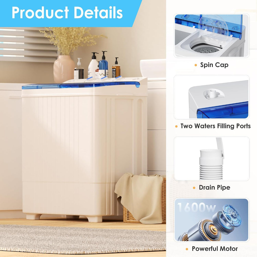 INTERGREAT Portable Washing Machine, 28lbs Compact Twin Tub Washer (18lbs) and Dryer (10lbs) Combo with Timer Knobs, Mini Laundry Washer for Apartments, Dorm, RV, Camping, Blue