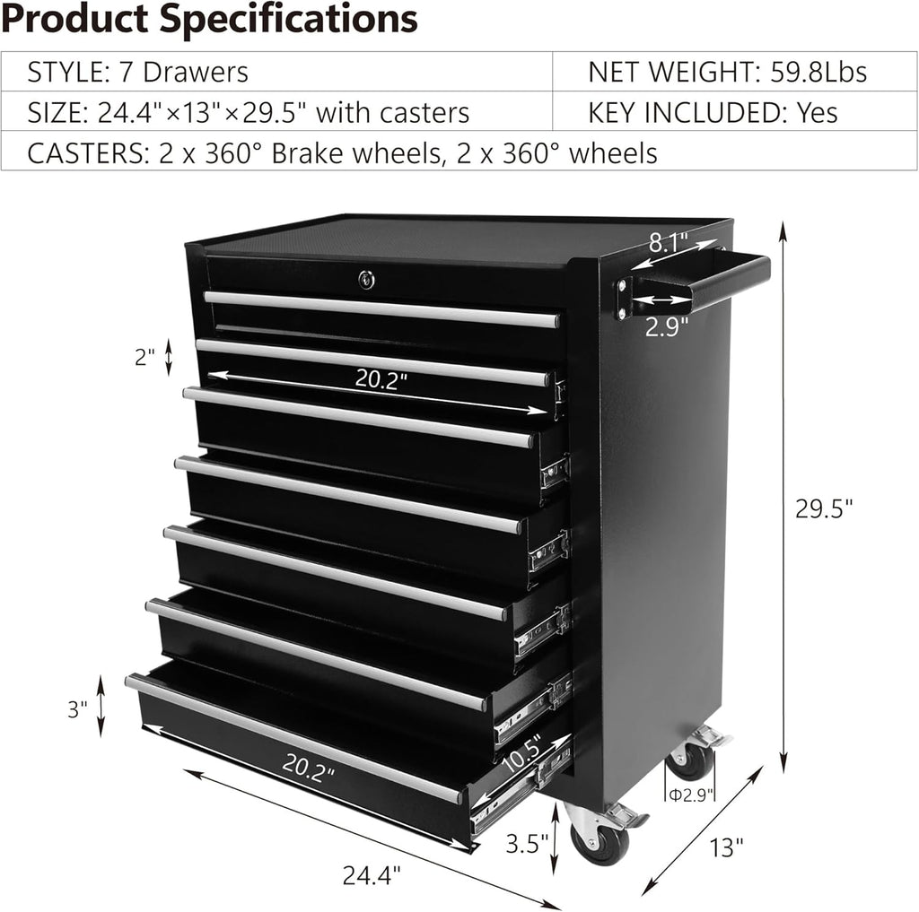 7-Drawer Rolling Tool Chest with Wheels,Tool Cabinet on Wheels with Keyed Locking,Multifunctional Tool Cart on Wheels,Tool Storage Organizer Cabinets for Garage,Warehouse, Repair Shop (Black 2#)