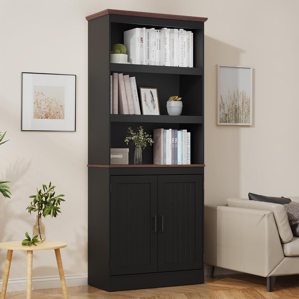 MHOM 71' Tall Bookshelf with Doors, 5 Tiers Farmhouse Bookcase with Adjustable Shelves, Wooden Rustic Display Cabinet for Home Office, Living Room, Black