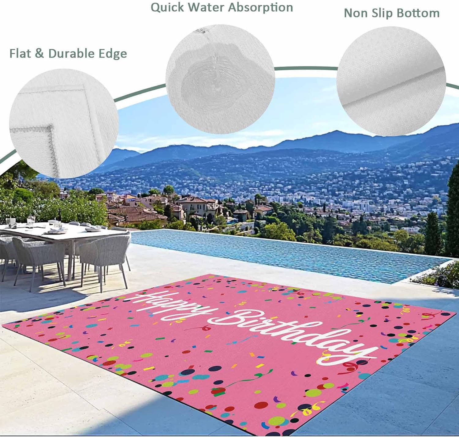 Outdoor Rug 6x9ft Colorful Happy Birthday Patio Area Rugs Waterproof Easy Cleaning Non Shedding Thick Mats Pink Carpet for Indoor Outdoor Porch Deck Backyard Balcony