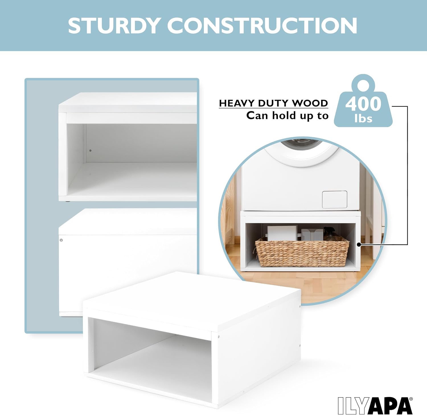 Ilyapa Washer and Dryer Stand - Universal Wooden Laundry Pedestal with Drawer - Compatible with Samsung, LG, GE, Maytag - 28x28x14 in.