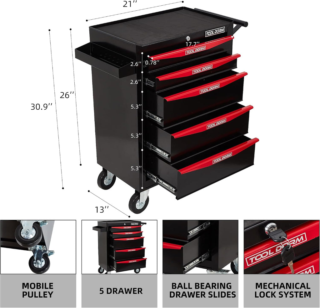 Rolling Tool Chest with Wheels, 5-Drawer Small Tool Cabinet, Metal Rolling Tool Box with Wheels and Locking System for Garage Warehouse Workshop Office Organizers and Storage (Black)