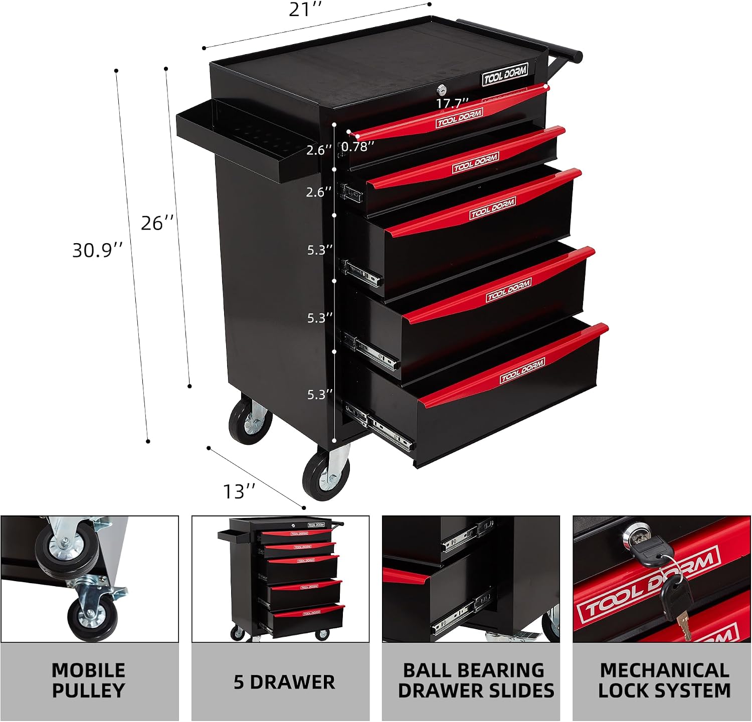Rolling Tool Chest with Wheels, 5-Drawer Small Tool Cabinet, Metal Rolling Tool Box with Wheels and Locking System for Garage Warehouse Workshop Office Organizers and Storage (Black)