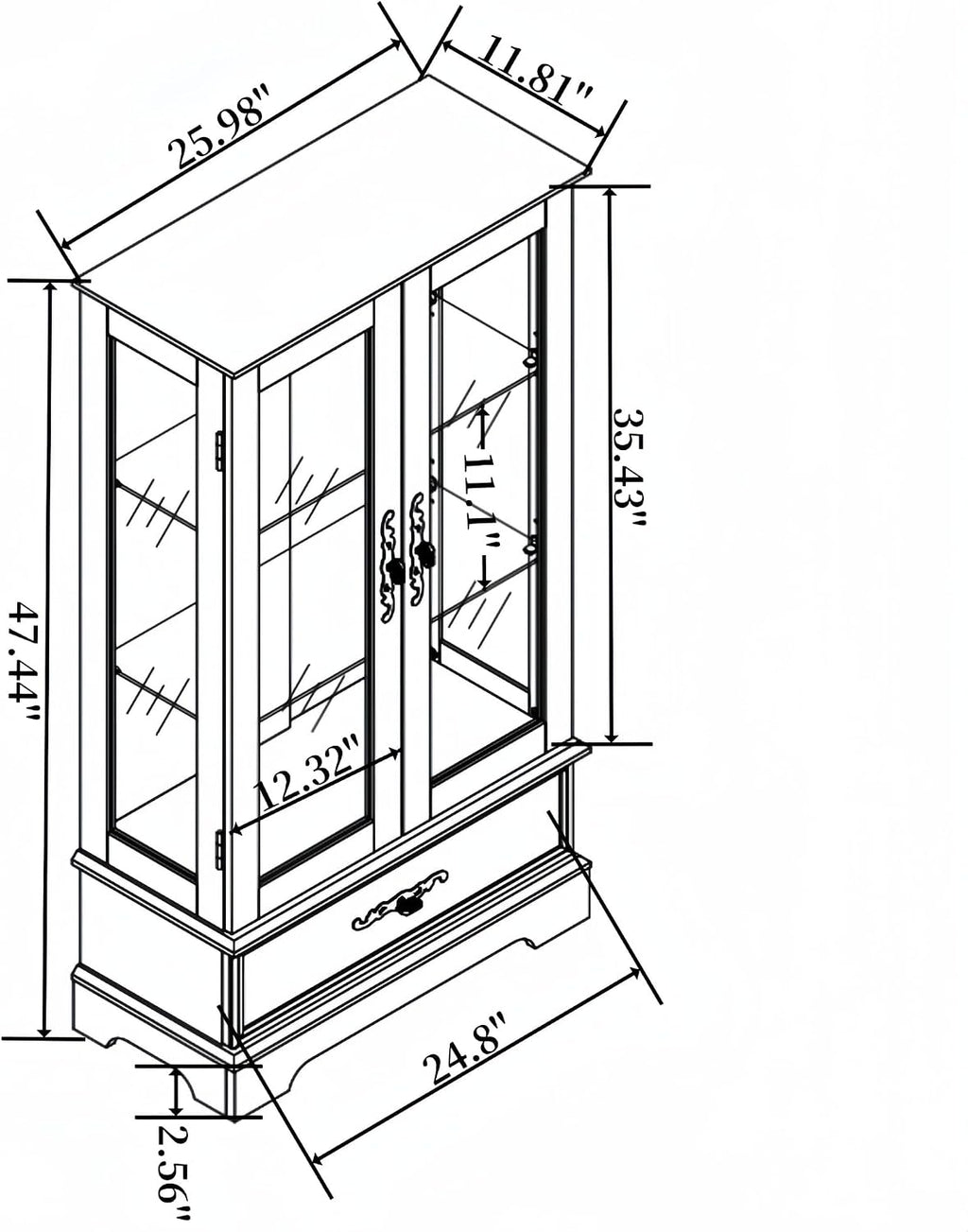 47' Lighted Glass Accent Curio Cabinet, 3-Tier Antique Storage Cage with Adjustable Shelves & Drawer, Acrylic Mirrored Pane, Light Blub Included, Small China Cabinet for Living Room/Kitchen (Black)