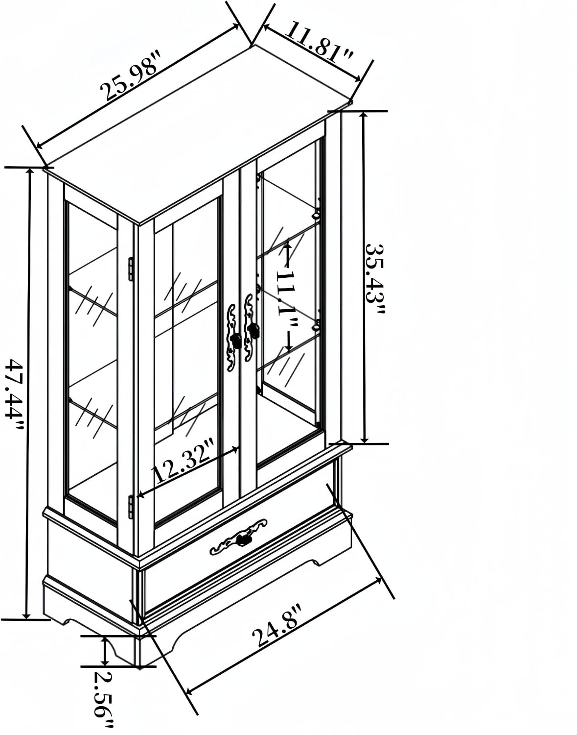 47' Lighted Glass Accent Curio Cabinet, 3-Tier Antique Storage Cage with Adjustable Shelves & Drawer, Acrylic Mirrored Pane, Light Blub Included, Small China Cabinet for Living Room/Kitchen (Black)