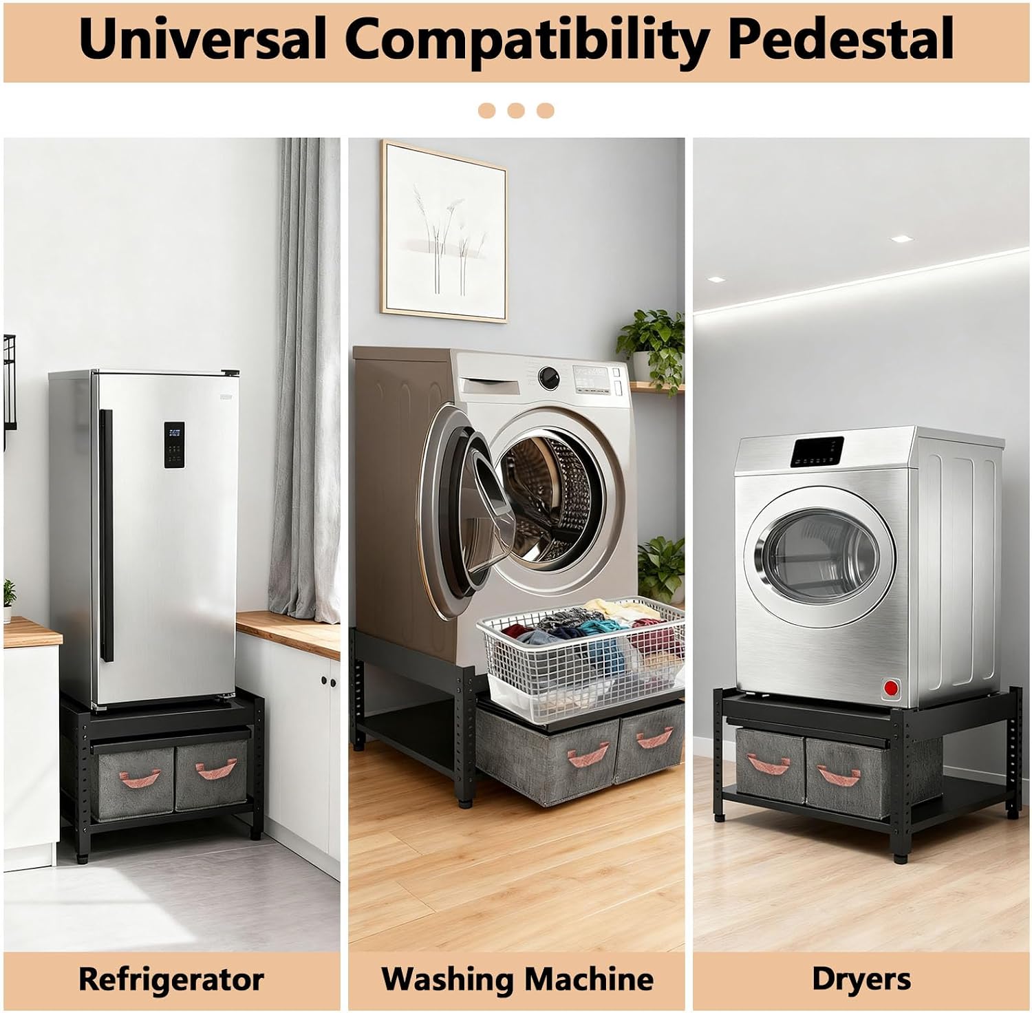 Washer and Dryer Pedestals, 28x28x16inch Universal Washing Machine Stand with Laundry Basket Shelf, Portable Storage Bag, Adjustable Feet and 4 Silicone Pads, 800LBS Capacity