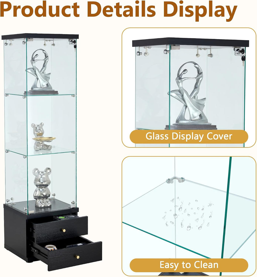 Modern Glass Display Cabinet 3-Shelf Curio Cabinets with 2 Storage Drawers,Tempered Glass Collection Display Showcase for Living Room Home Office,Black