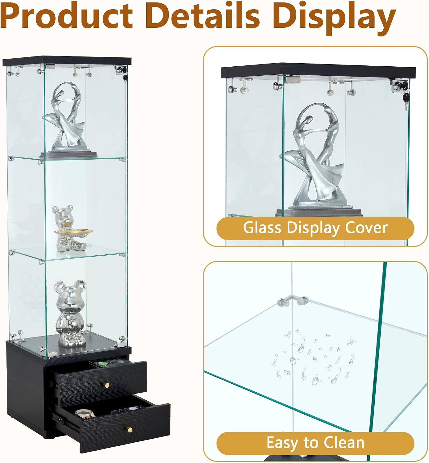 Modern Glass Display Cabinet 3-Shelf Curio Cabinets with 2 Storage Drawers,Tempered Glass Collection Display Showcase for Living Room Home Office,Black