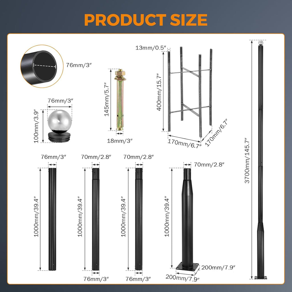 BEAMNOVA 13FT Street Light Pole, Black Street Lamp Post, for Outdoor Lights, Solar Street Light, String Lights, Accessory for Backyard, Patio, Park, Galvanized Steel Metal Pole