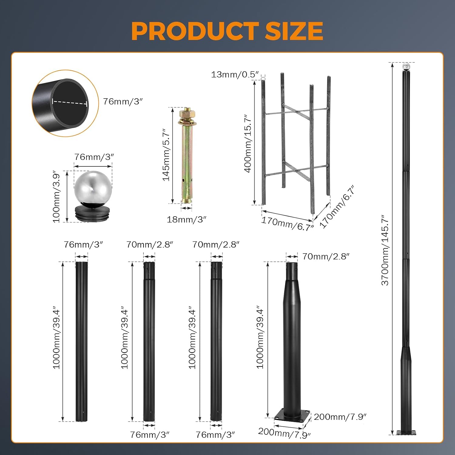 BEAMNOVA 13FT Street Light Pole, Black Street Lamp Post, for Outdoor Lights, Solar Street Light, String Lights, Accessory for Backyard, Patio, Park, Galvanized Steel Metal Pole