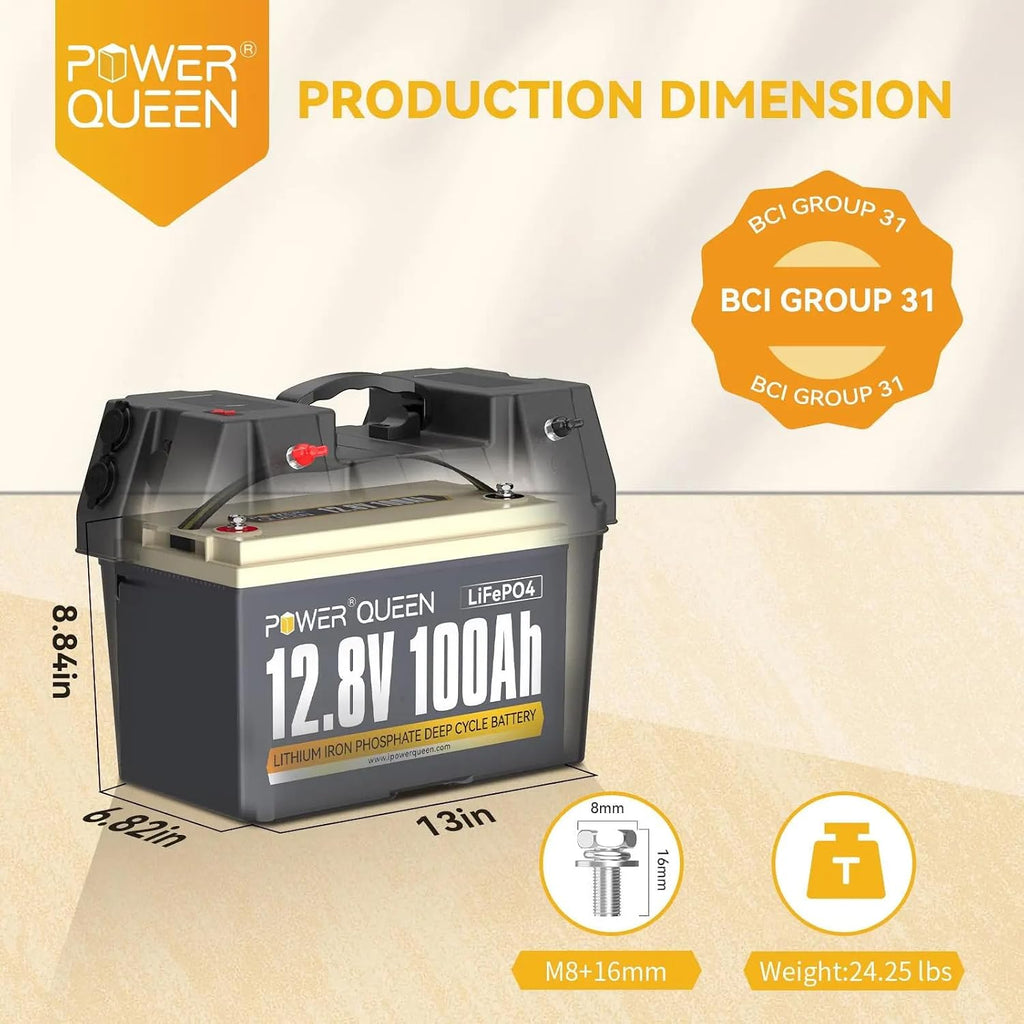 Power Queen LiFePO4 Battery 12V 100Ah, Group 31 Lithium Battery, with 1280Wh Energy and BMS Protection, Up to 15000 Deep Cycles for RV Trailer, Camper Van, Solar Off-Grid