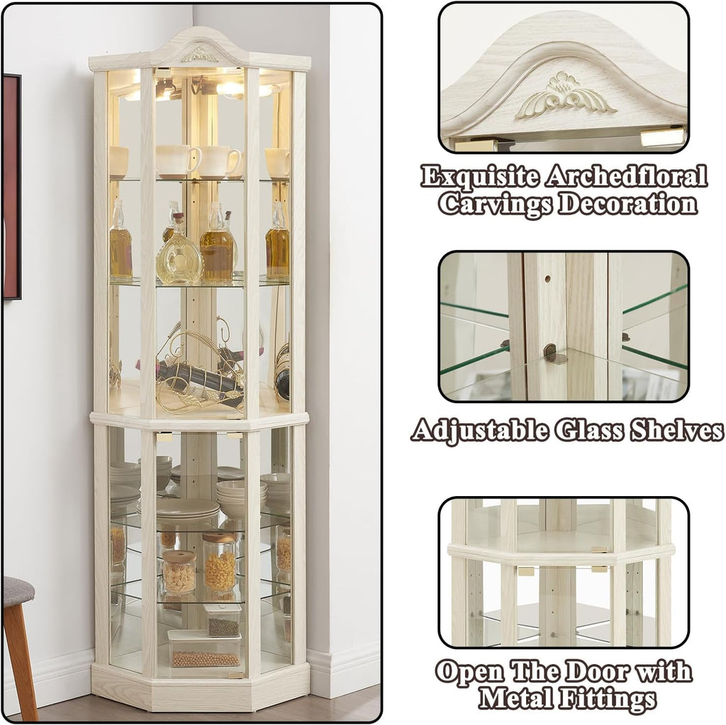 71' H Lighted Corner Display Cabinet, 6-Tier Wooden Curio Glass Cabinet with Adjustable Shelves, Carved Crown Decoration Corner Storage Display Case with Mirrored Back Pane (Antique White)
