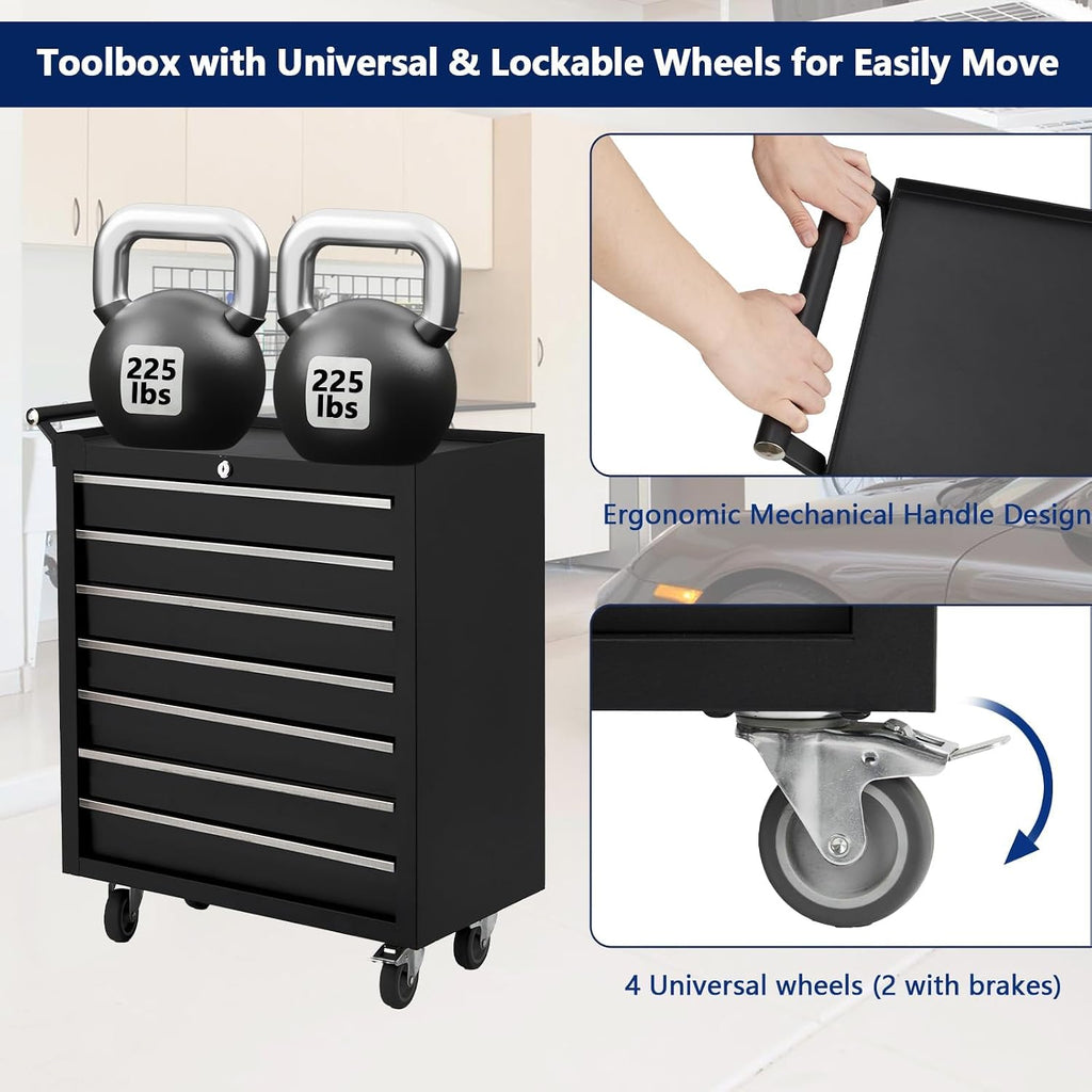 7-Drawer Rolling Tool Chest with Lock, Heavy-Duty Mobile Tool Storage Cabinet, Tool Cart Organizer for Garage Workshop