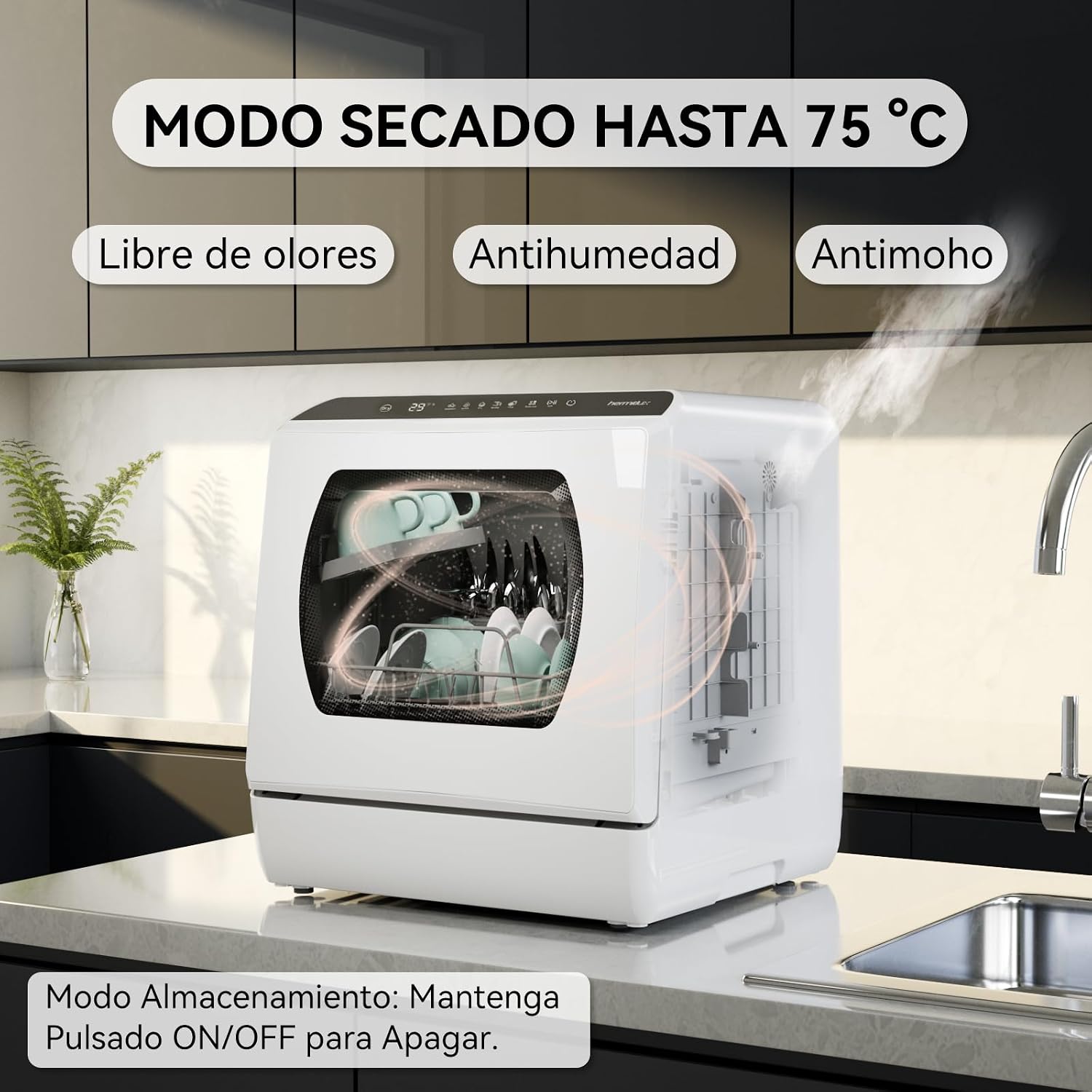 Hermitlux Countertop Dishwasher, 5 Washing Programs Portable Dishwasher With 5-Liter Built-in Water Tank For Glass Door
