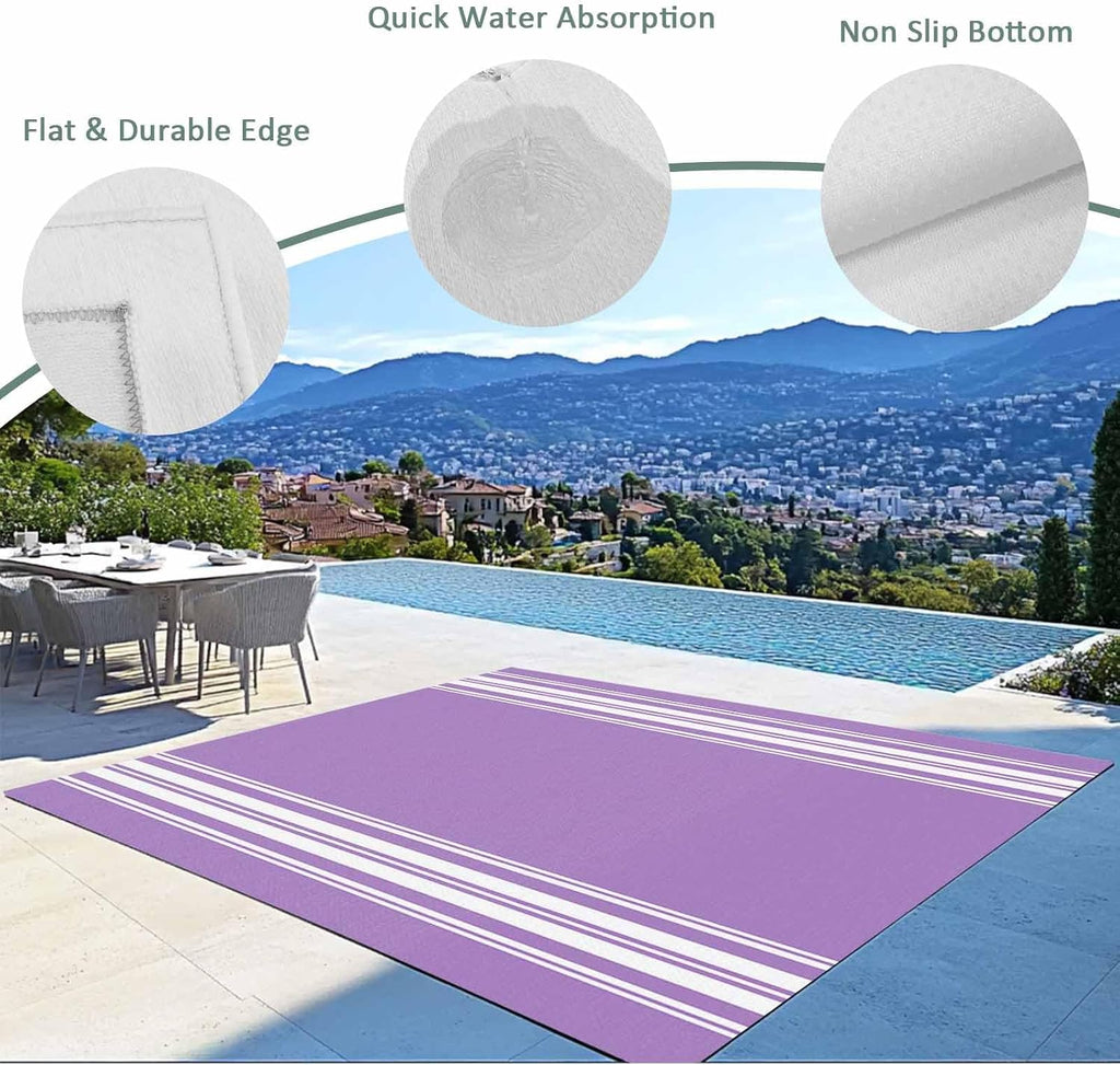 Outdoor Rug 4x6ft Pastoral Country Style White Stripes Patio Area Rugs Waterproof Easy Cleaning Non Shedding Thick Mats Purple Carpet for Indoor Outdoor Porch Deck Backyard Balcony