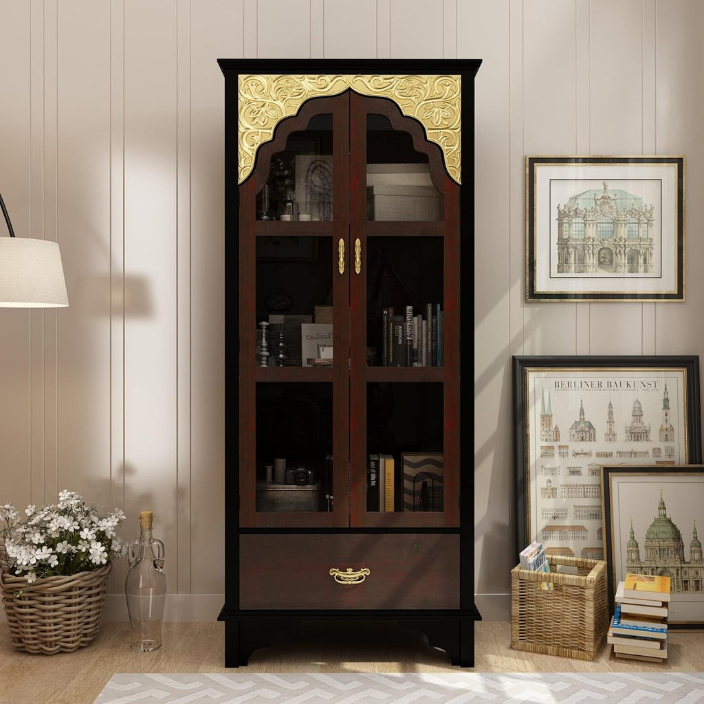 Carved Storage Cabinet with 2 Glass Doors & Drawer, Pooja Mandir with 3-Tier Shelves, Gold Accents, Decorative Cabinet Display Cabinets for Living Room Black and Brown(31.5'W x 15.7'D x 70.9'H)