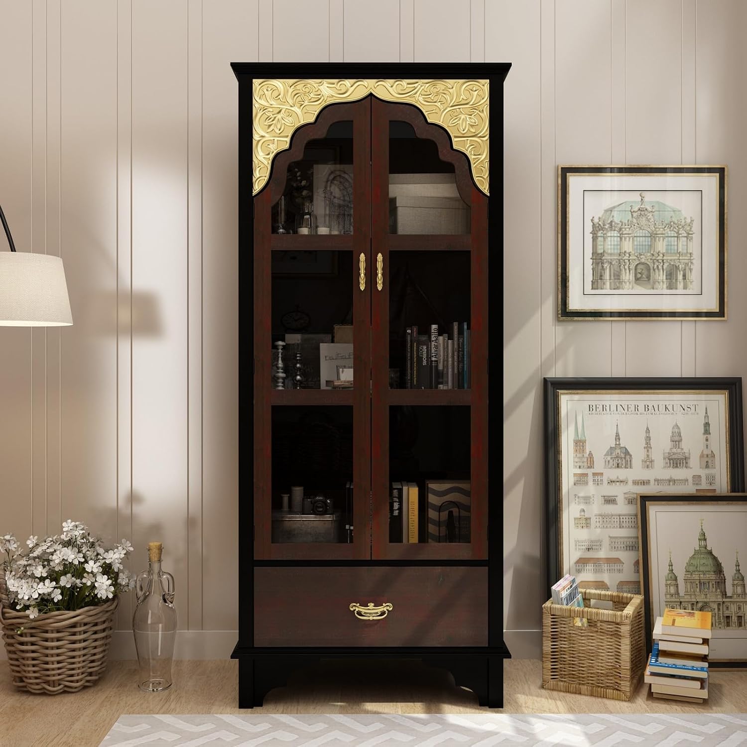 Carved Storage Cabinet with 2 Glass Doors & Drawer, Pooja Mandir with 3-Tier Shelves, Gold Accents, Decorative Cabinet Display Cabinets for Living Room Black and Brown(31.5'W x 15.7'D x 70.9'H)