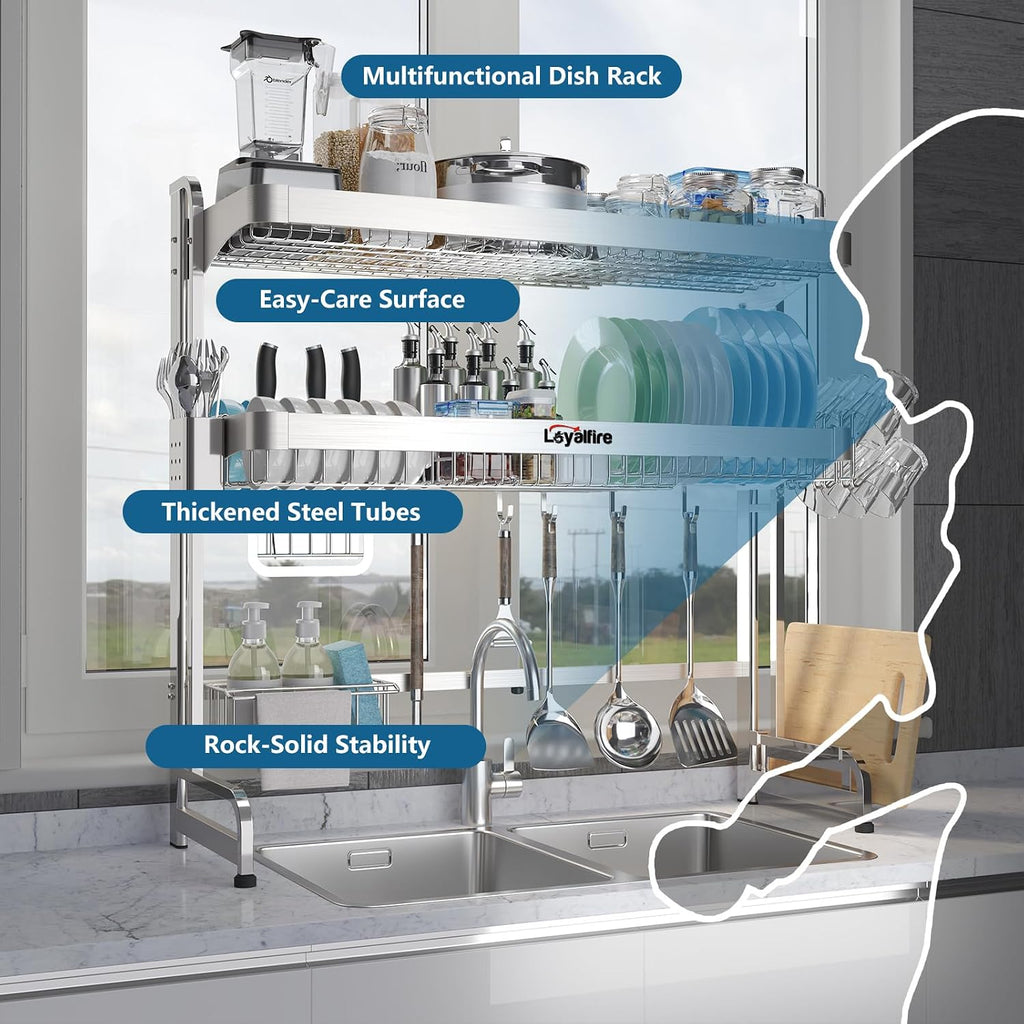 Loyalfire Over Sink Dish Drying Rack, 3 Tier Adjustable Length (20.87'' to 37.6'') Full Stainless Steel Large Storage Kitchen Dish Rack, Expandable Drainer Shelf Rack with Multifunctional Organizers