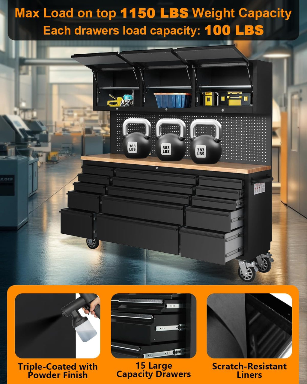 75' Tool Chest Tool Box, Heavy Duty Tool Chest Cabinet with 15 Drawers and 3 Upper Cabinets Combination Tool Cabinet, Large Tool Bench Organizer with Wood Top and Pegboard for Garage, Black