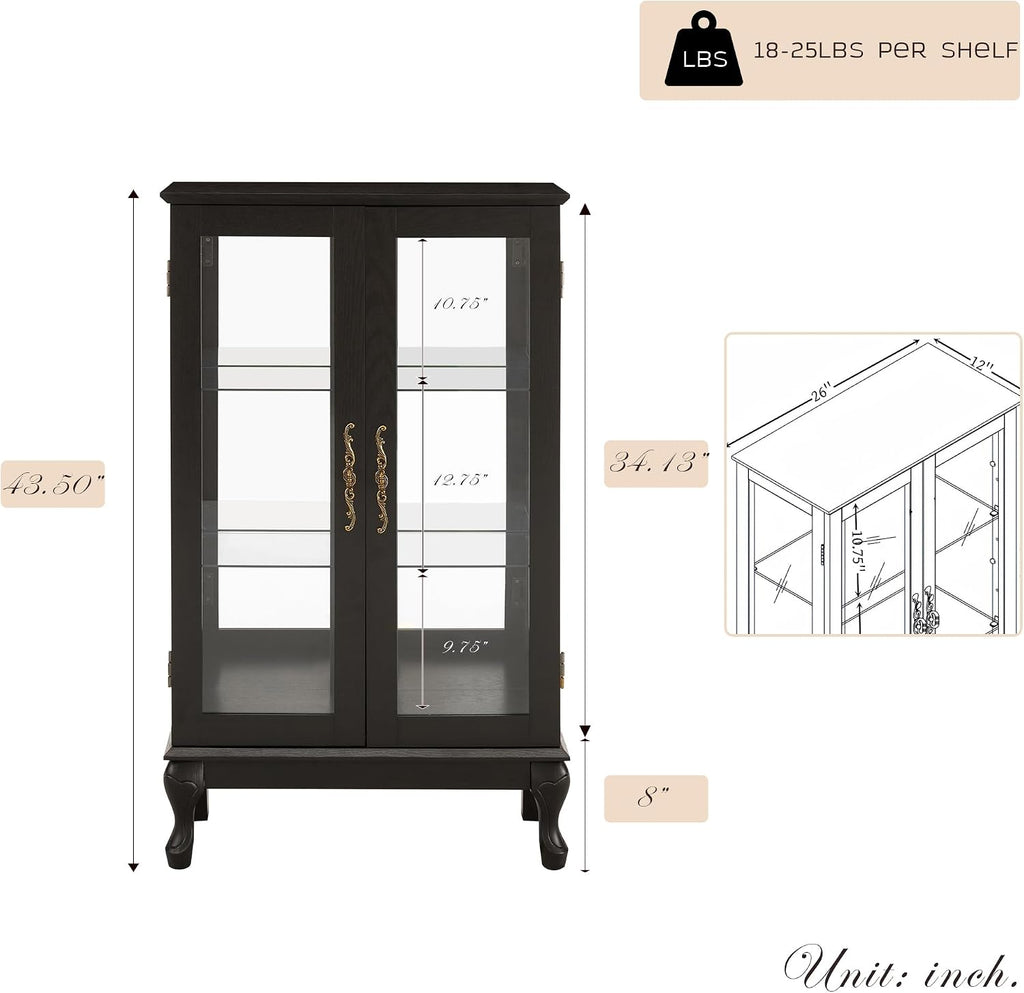 44' Small Lighted Glass Accent Curio Cabinet, Vintage China Cage with 2 Tempered Glass Doors & Adjustable Shelves, Acrylic Mirrored Pane, Elegant Wine Artwork Showcase for Living Room/Kitchen (Black)