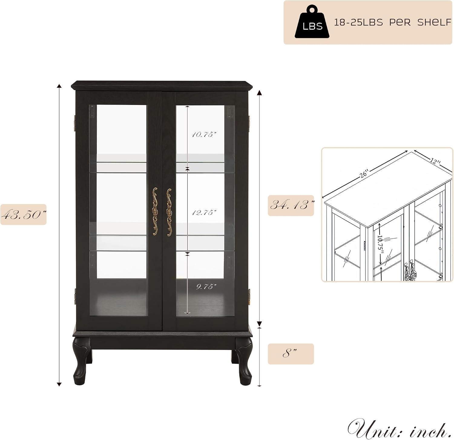 44' Small Lighted Glass Accent Curio Cabinet, Vintage China Cage with 2 Tempered Glass Doors & Adjustable Shelves, Acrylic Mirrored Pane, Elegant Wine Artwork Showcase for Living Room/Kitchen (Black)