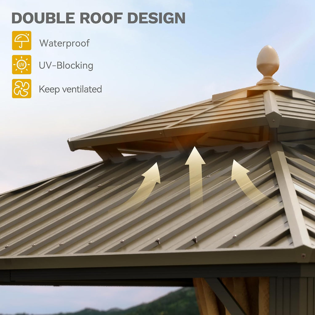 DWVO 10x10ft Hardtop Gazebo Heavy Duty Double Roof with Nettings and Curtains, Galvanized Steel Outdoor Combined of Horizontal Vertical Stripes Roof for Patio, Backyard, Deck, Lawn, Bronze