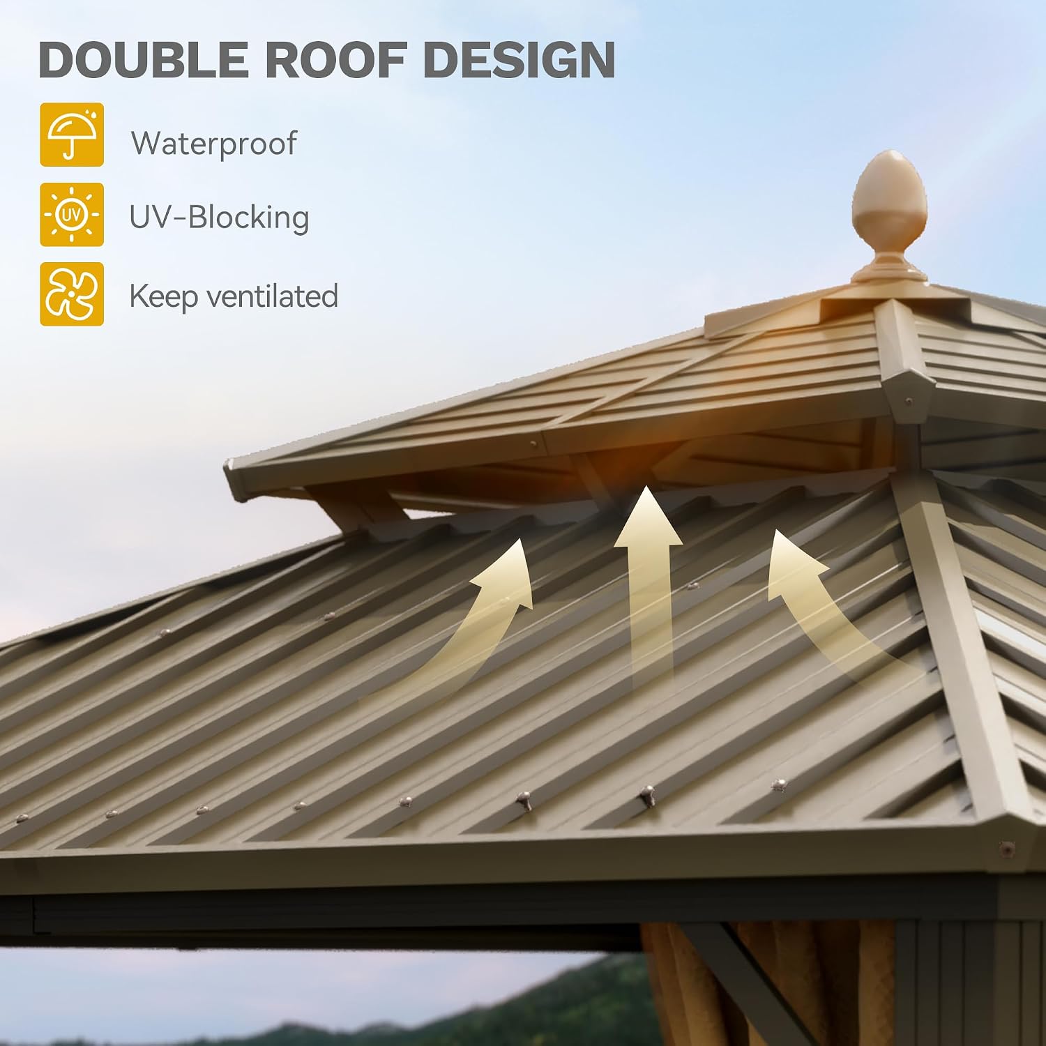 DWVO 10x10ft Hardtop Gazebo Heavy Duty Double Roof with Nettings and Curtains, Galvanized Steel Outdoor Combined of Horizontal Vertical Stripes Roof for Patio, Backyard, Deck, Lawn, Bronze