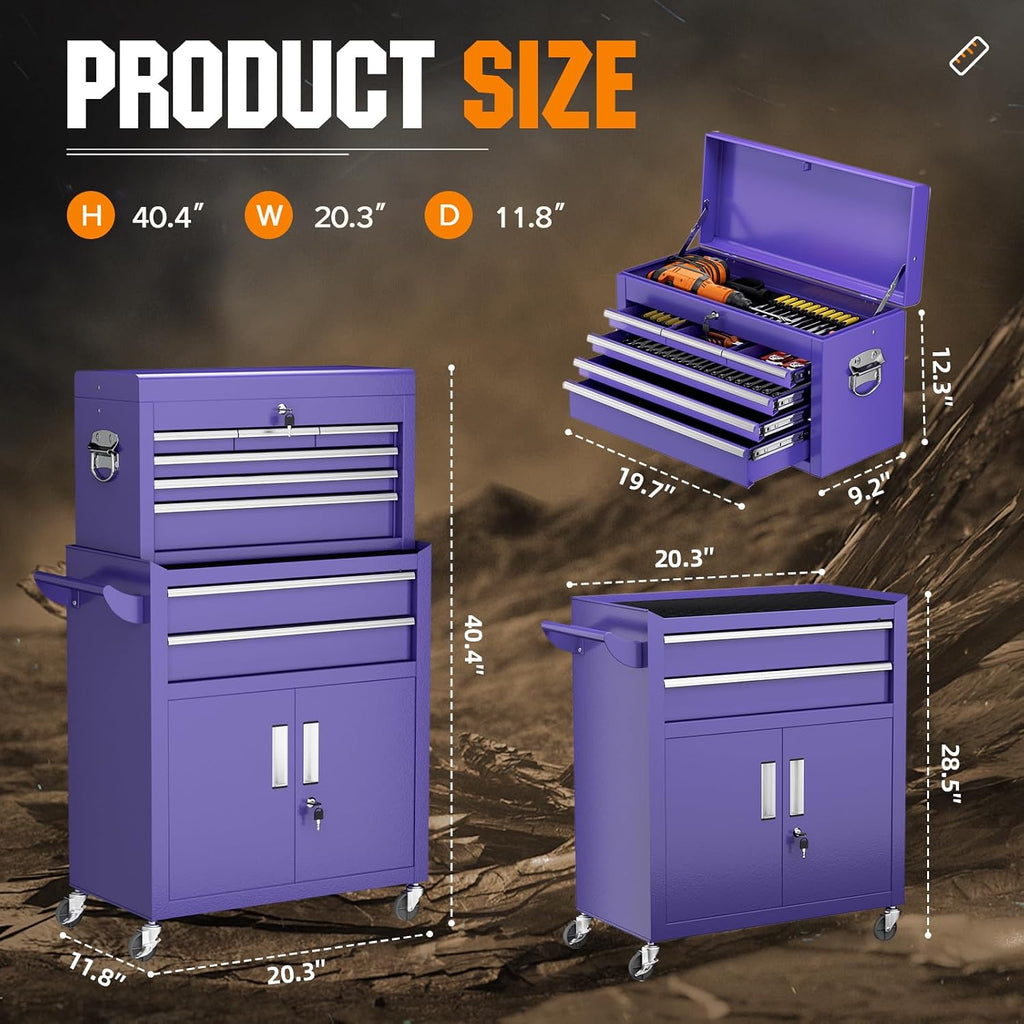 Incbruce 8-Drawer Metal Rolling Tool Chest, High Capacity Toolbox Organizer with Wheels, Detachable Tool Cabinet Top for Mechanics Garage and Workshop (Purple)