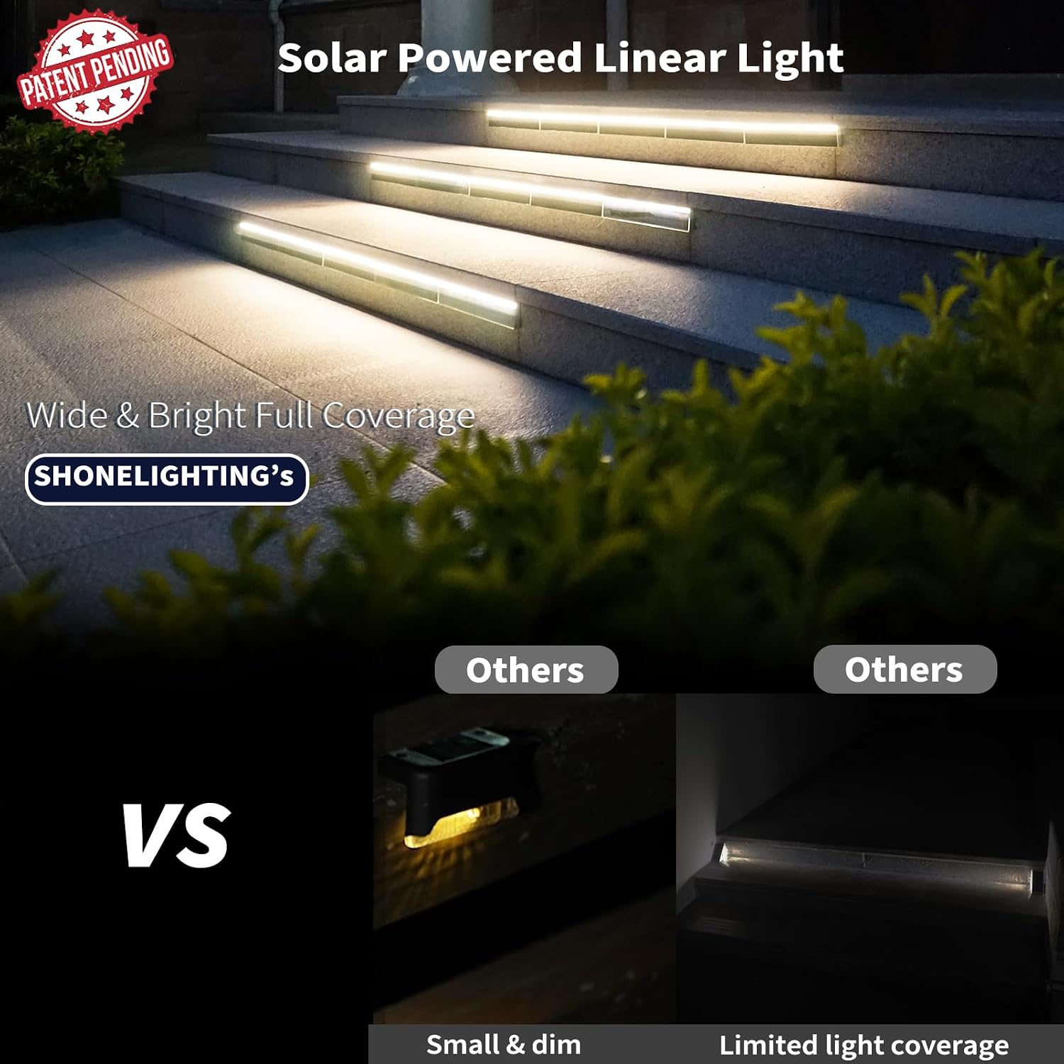 SHONELIGHTING Solar Step Lights for Outside, 33 Focused-Beam High-Brightness LEDs, Waterproof Aluminum Outdoor Stair Light for Risers, Curbsides, Poolsides, Planter Edges (Warm White, 6Pack)