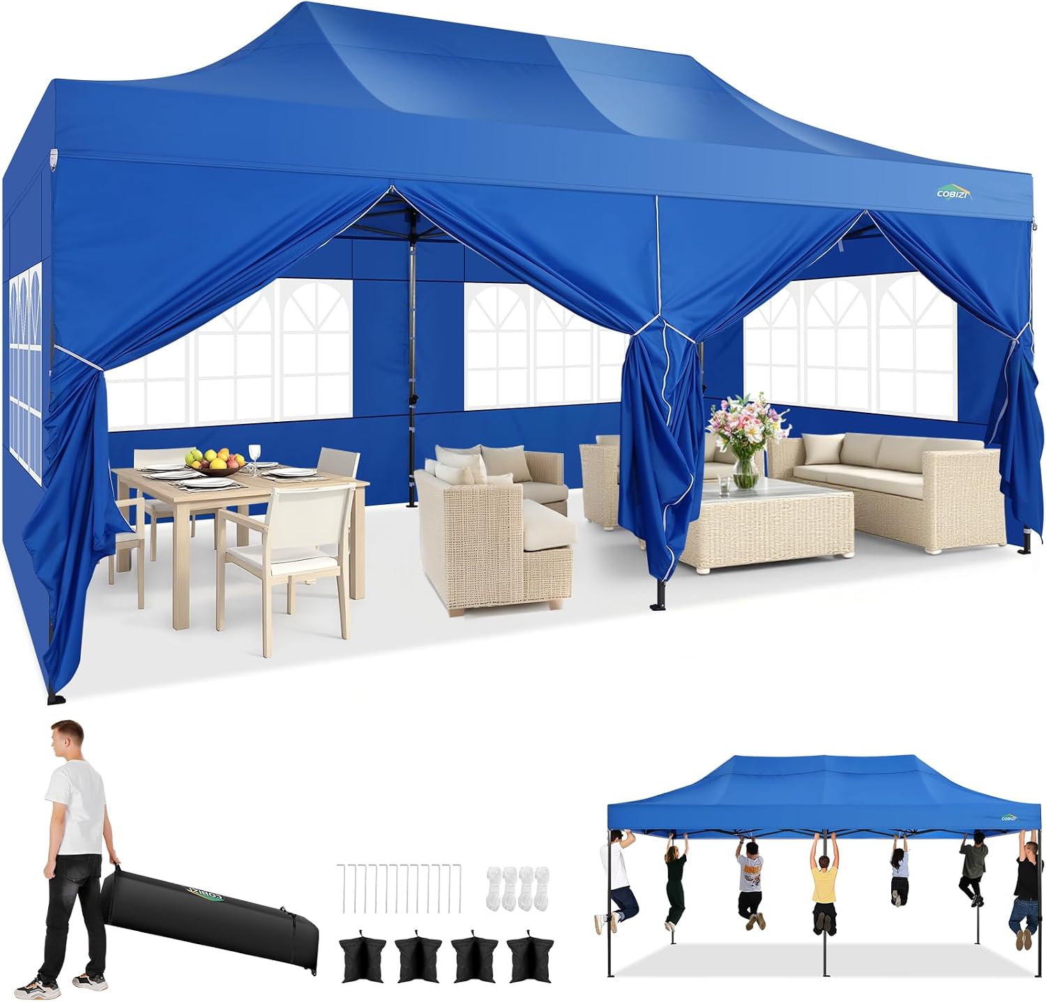 COBIZI 10x20 Heavy Duty Pop Up Canopy Tent with 6 Sidewalls Thicken Frame, Commercial Easy Up Outdoor Wedding Party Tents, All Season Waterproof Windproof with Stakes Sandbags Ropes Roller Bag, Uranus
