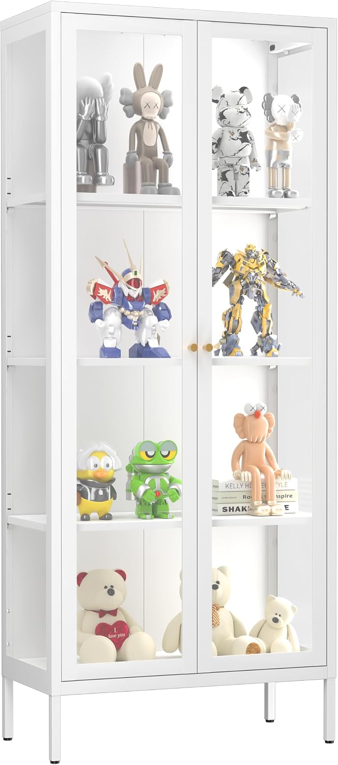 SteeLoong 66' Display Cabinet with Tempered Glass,Metal Curio Cabinet with Glass Doors,4-Tier Display Case for Collectibles,Trophy,Plant,White Storage Cabinets for Living Room - Assemble Required