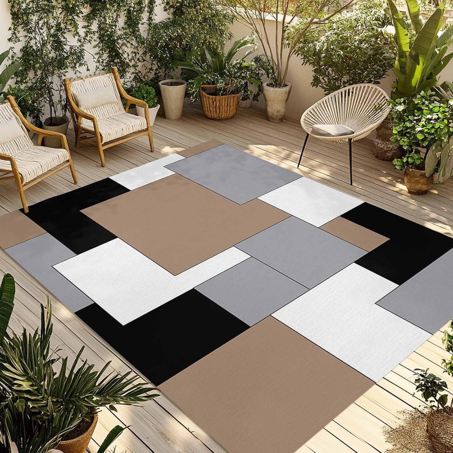 Outdoor Rug 4x6ft Minimalist Art Geometric Check Color Blocks Patio Area Rugs Waterproof Easy Cleaning Non Shedding Thick Mats Colorful Carpet for Indoor Outdoor Porch Deck Backyard Balcony