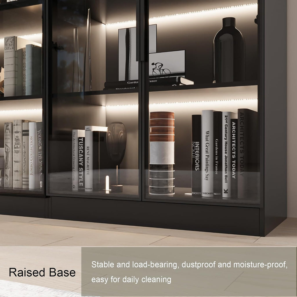 Mekminop Bookcase with Glass Doors and RGB Led Lights, Combination Display Cabinet with 19 Shelves, Modern Glass Display Case Set of 3, Black