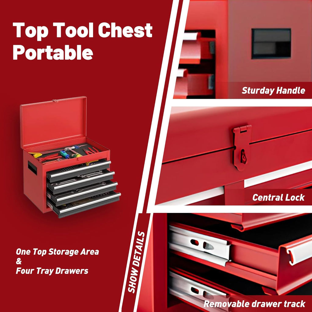 5-Drawers Large Tool Chest Tool Box Organizer with Lockable, 2-In-1 Detachable Tool Storage Cabinet with Wheels, Portable Expandable Tool Cart Toolbox with Drawers for Garage, Workstation, Workshop