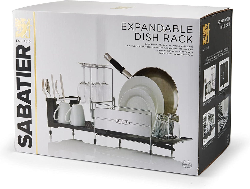 Sabatier Expandable Dish Drying Rack with Drainboard - Stainless Steel Dish Rack for Kitchen Counter, Stemware Holder and Utensil Caddy Included