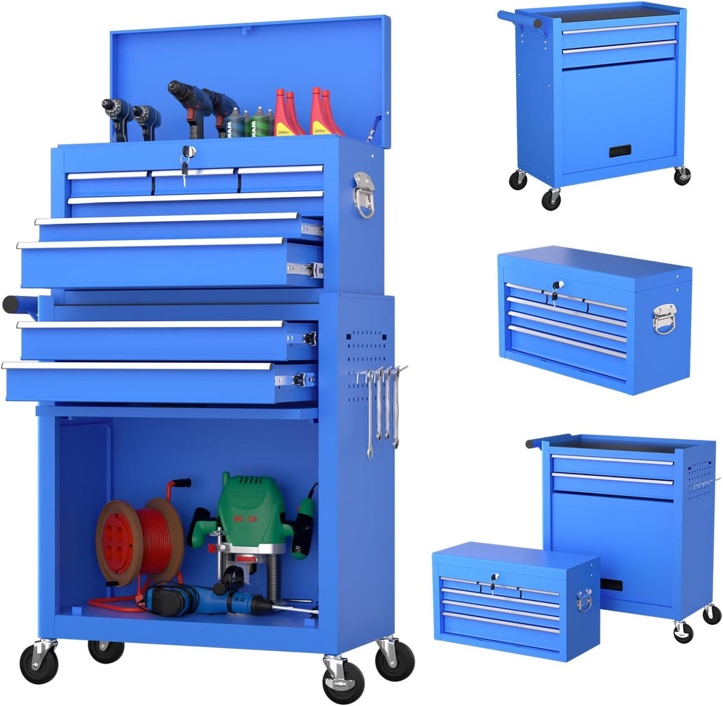 8-Drawer Tool Chest with Wheels,High Capacity Rolling Tool Box with Wheels,Locking Mechanical Tool Chest,Metal Tool Box for Garage Workshop (Blue)