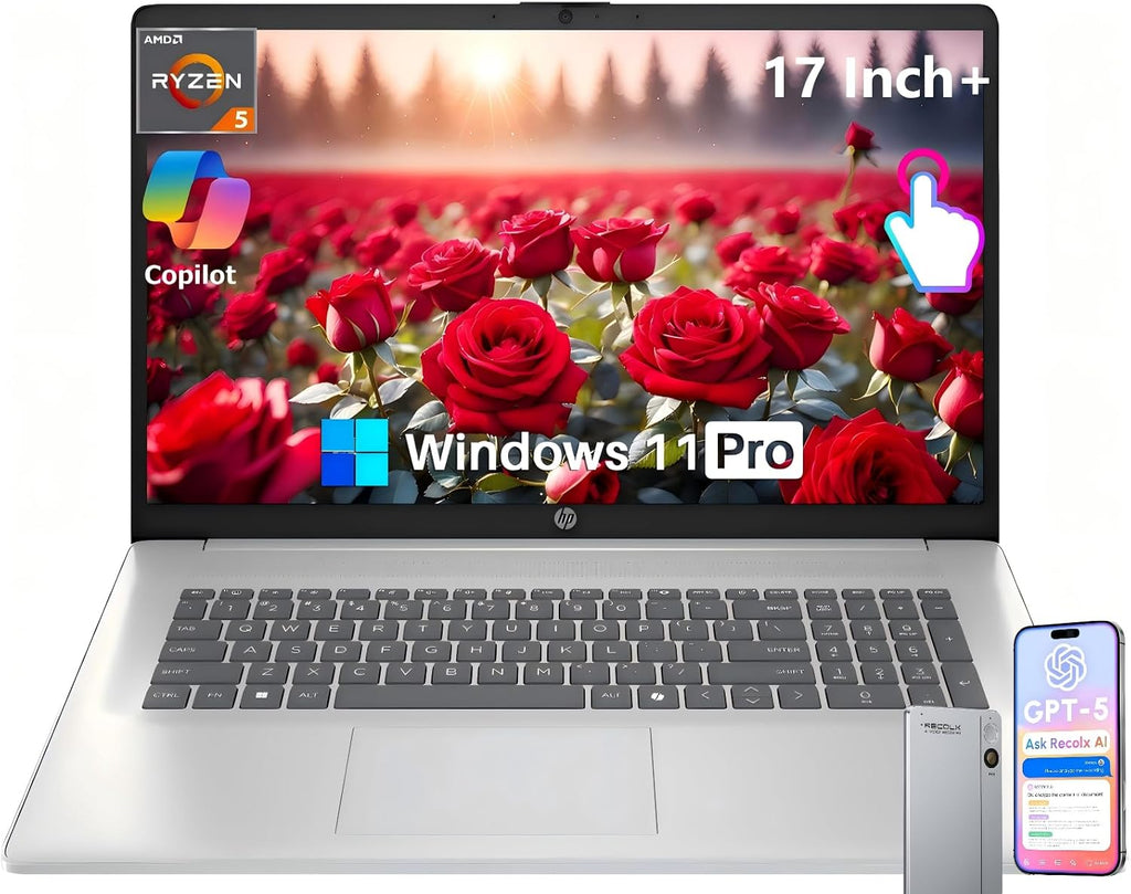HP 17 Inch Laptop, 17.3' HD+ Touchscreen Display, AMD Ryzen 5 7430U (Up to 4.5GHz), 64 GB RAM, 1 TB SSD, Wi-Fi 6, Bluetooth 5.4, Windows 11 Pro, Copilot AI, Numeric Keypad, w/RECOLX AI Voice Recorder