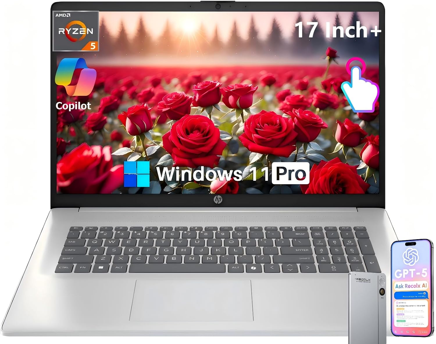 HP 17 Inch Laptop, 17.3' HD+ Touchscreen Display, AMD Ryzen 5 7430U (Up to 4.5GHz), 32 GB RAM, 2 TB SSD, Wi-Fi 6, Bluetooth 5.4, Windows 11 Pro, Copilot AI, Numeric Keypad, w/RECOLX AI Voice Recorder