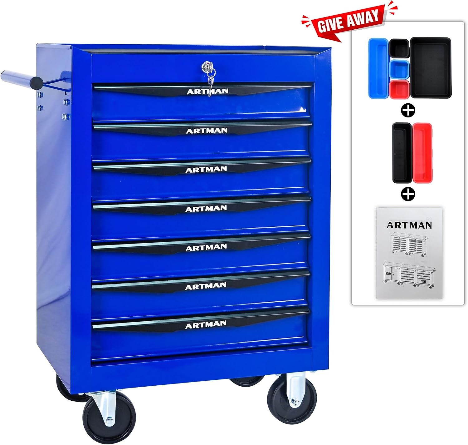 Rolling Metal Tool Chest with 7 Drawers – 20' Steel Tool Storage Box Organizer with Ball Bearing Slides & Lockable Mobile Cabinet on Wheels(Blue)