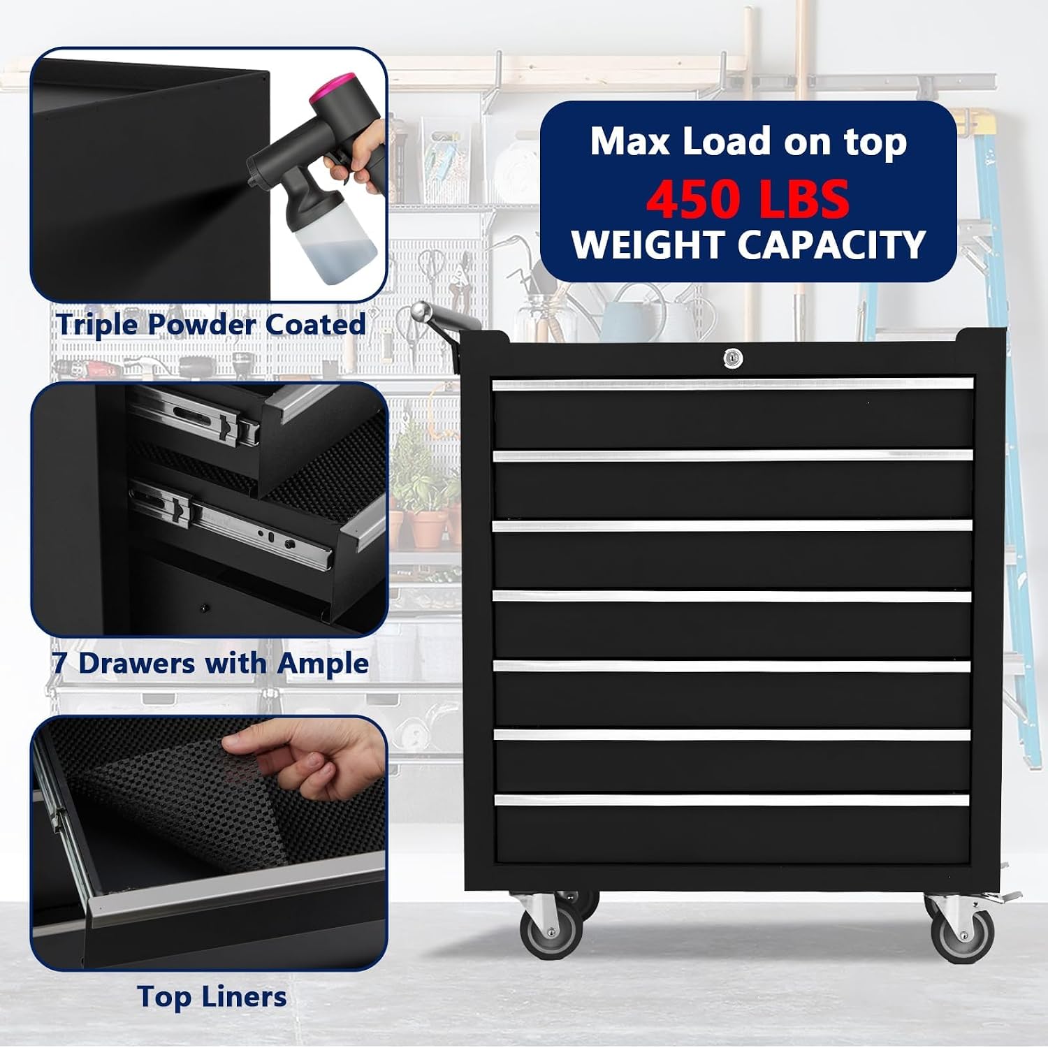 7-Drawer Rolling Tool Chest with Lock, Heavy-Duty Mobile Tool Storage Cabinet, Tool Cart Organizer for Garage Workshop