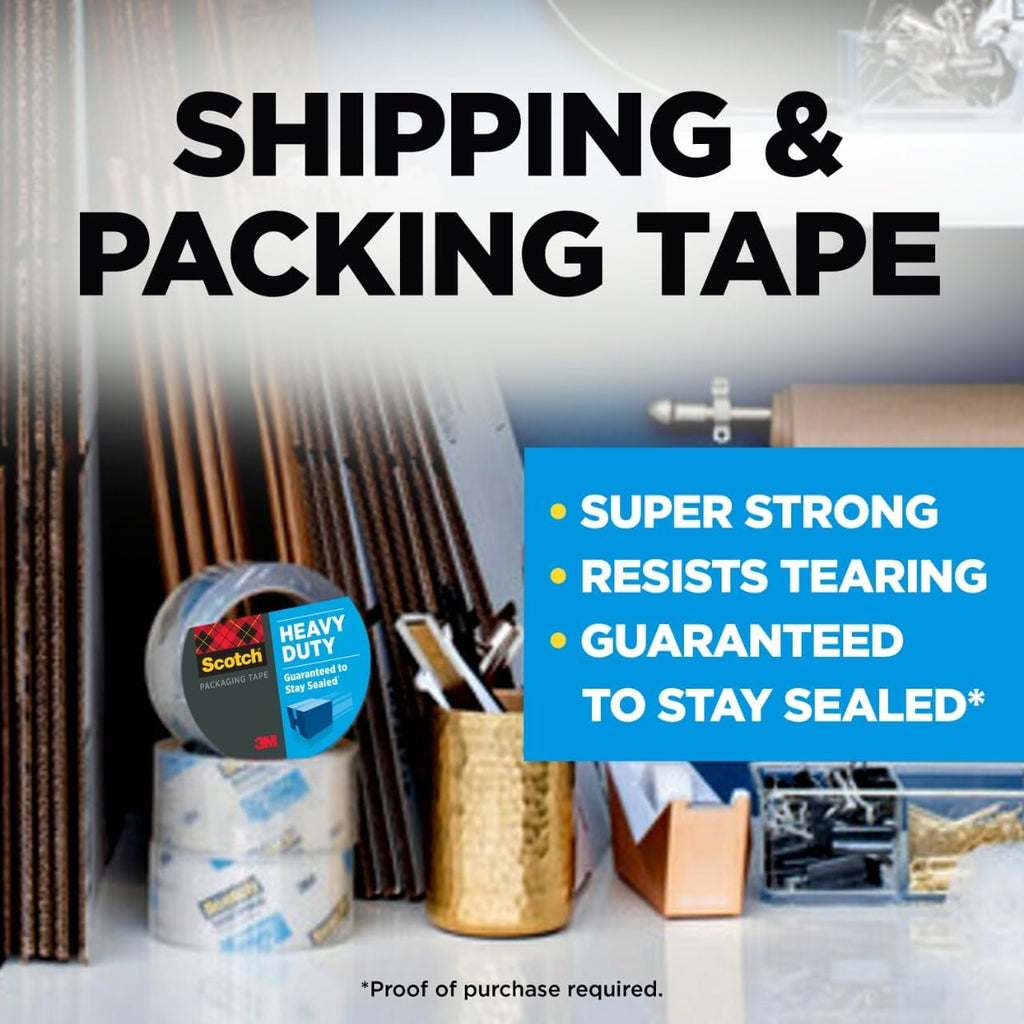 Scotch Heavy Duty Packaging Tape,1.88 x 54.6 yd,Designed for Packing,Shipping and Mailing,Strong Seal on All Box Types,3' Core,Clear,1 Roll w/Dispenser (3850-2ST),(Pack of 12)