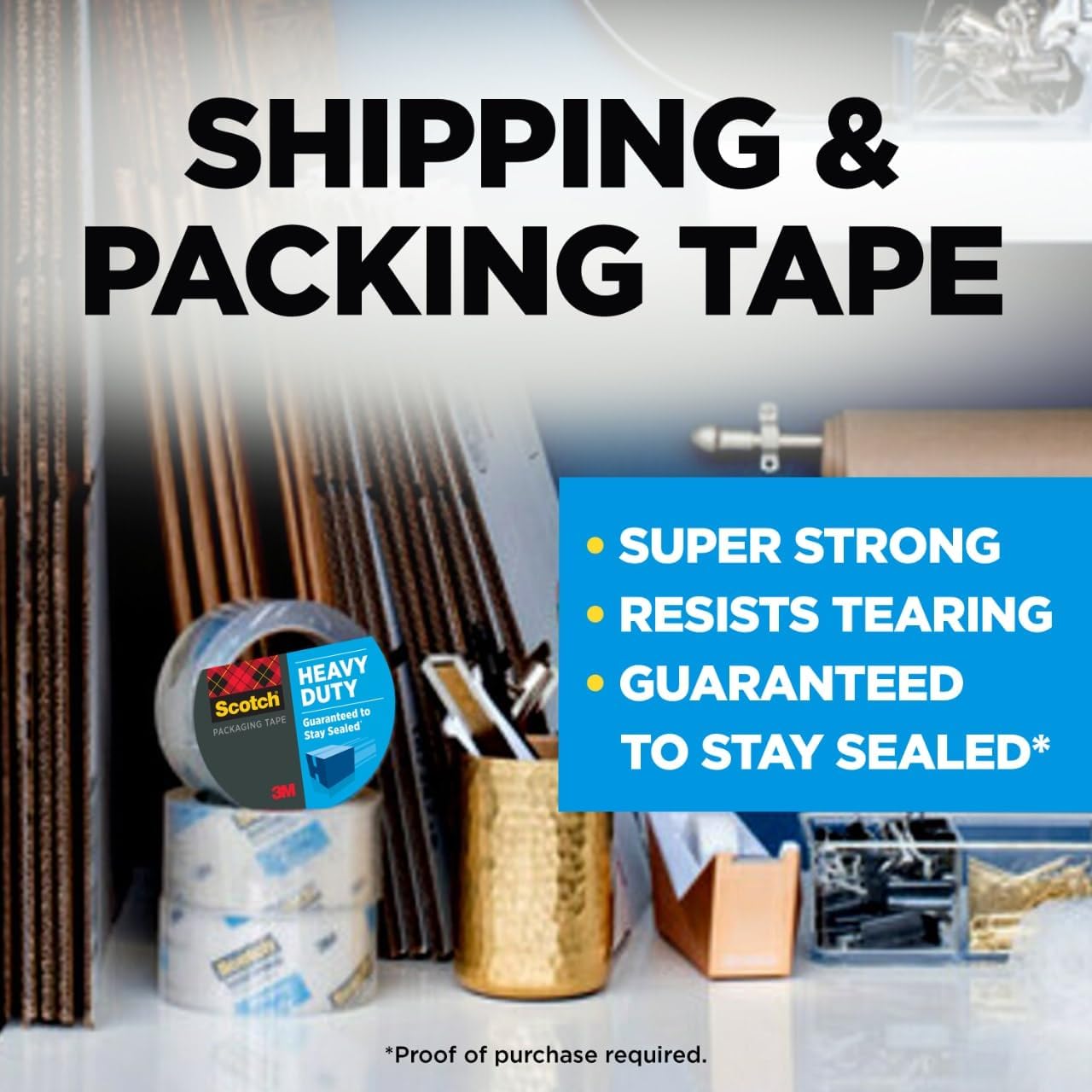 Scotch Heavy Duty Packaging Tape,1.88 x 54.6 yd,Designed for Packing,Shipping and Mailing,Strong Seal on All Box Types,3' Core,Clear,1 Roll w/Dispenser (3850-2ST),(Pack of 12)