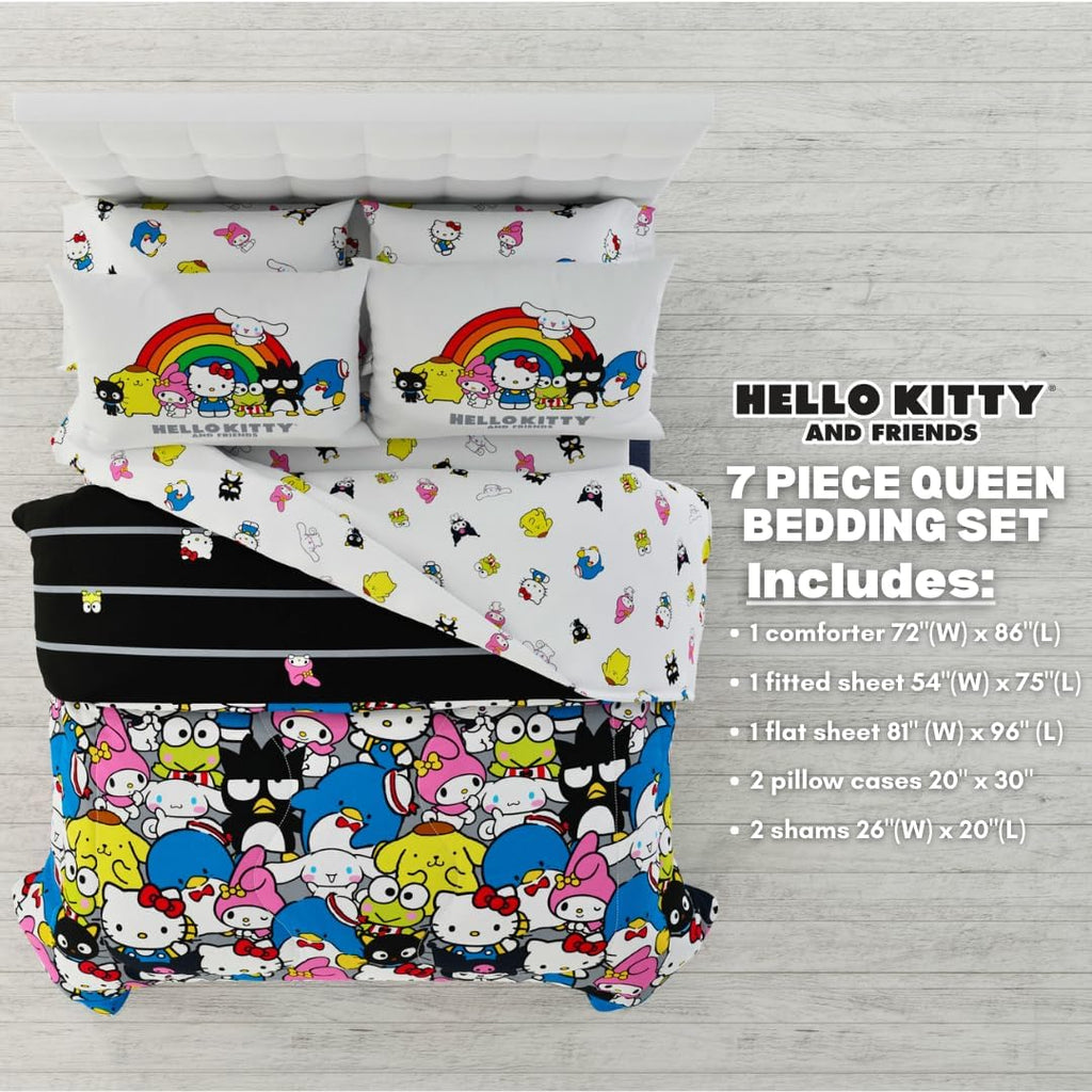 Franco Collectibles Hello Kitty & Friends Bedding 7 Piece Super Soft Comforter and Sheet Set with Sham, Queen, (Official Licensed Product)