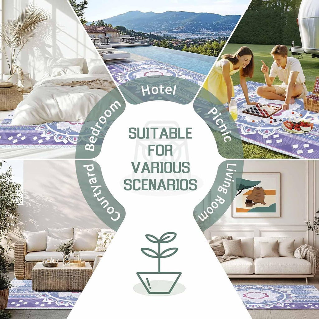 Outdoor Rug 4x6ft Lavender Bohemia Flower Texture Patio Area Rugs Waterproof Easy Cleaning Non Shedding Thick Mats Geometric Carpet for Indoor Outdoor Porch Deck Backyard Balcony