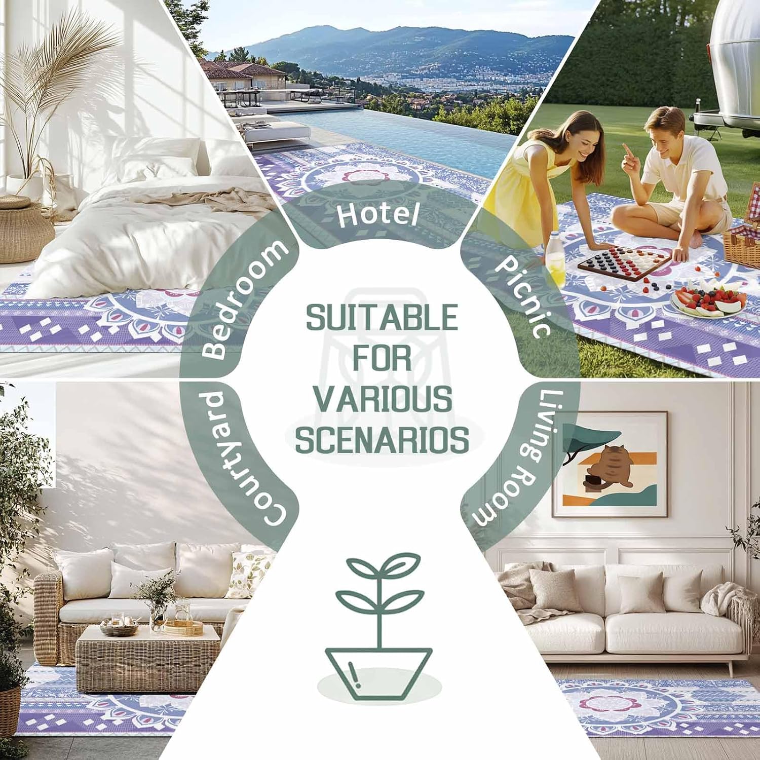 Outdoor Rug 4x6ft Lavender Bohemia Flower Texture Patio Area Rugs Waterproof Easy Cleaning Non Shedding Thick Mats Geometric Carpet for Indoor Outdoor Porch Deck Backyard Balcony