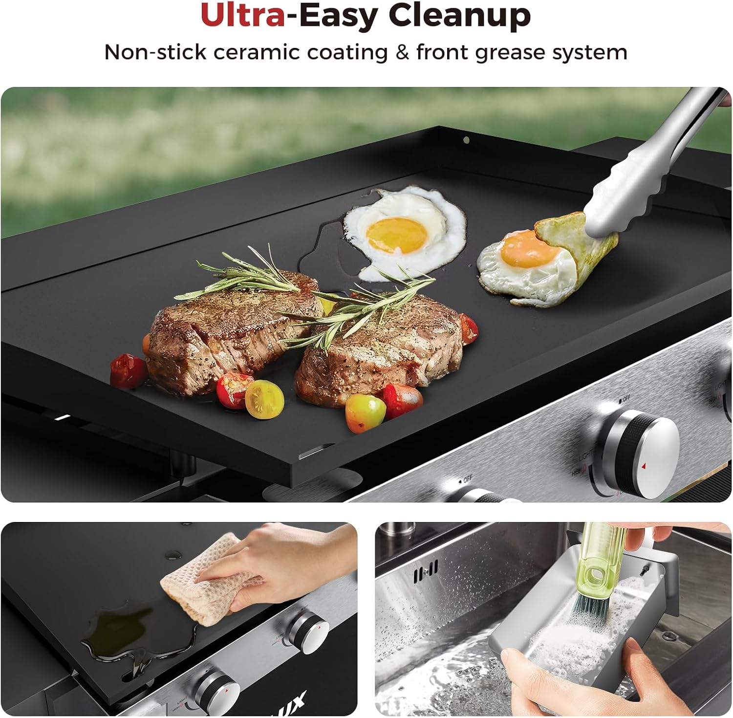 CAMPLUX Propane Griddle Flat Top, 3-Burner Gas Griddle with 3mm Thick Non-Deformable Plate & Ceramic Non-Stick Coating, 33,000 BTU Outdoor Cooking Station with Wheels and Side Shelves for Camping