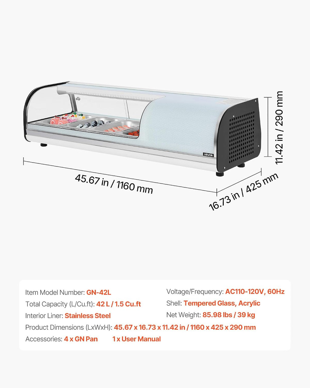 VEVOR Sushi Display Case Refrigerator, 1.5 Cu.ft Commercial Sushi Case, 4-Pan Countertop Showcase with Curved Glass, LED Lighting, and Digital Temperature Control, for Sushi-Bar, Restaurant, Store