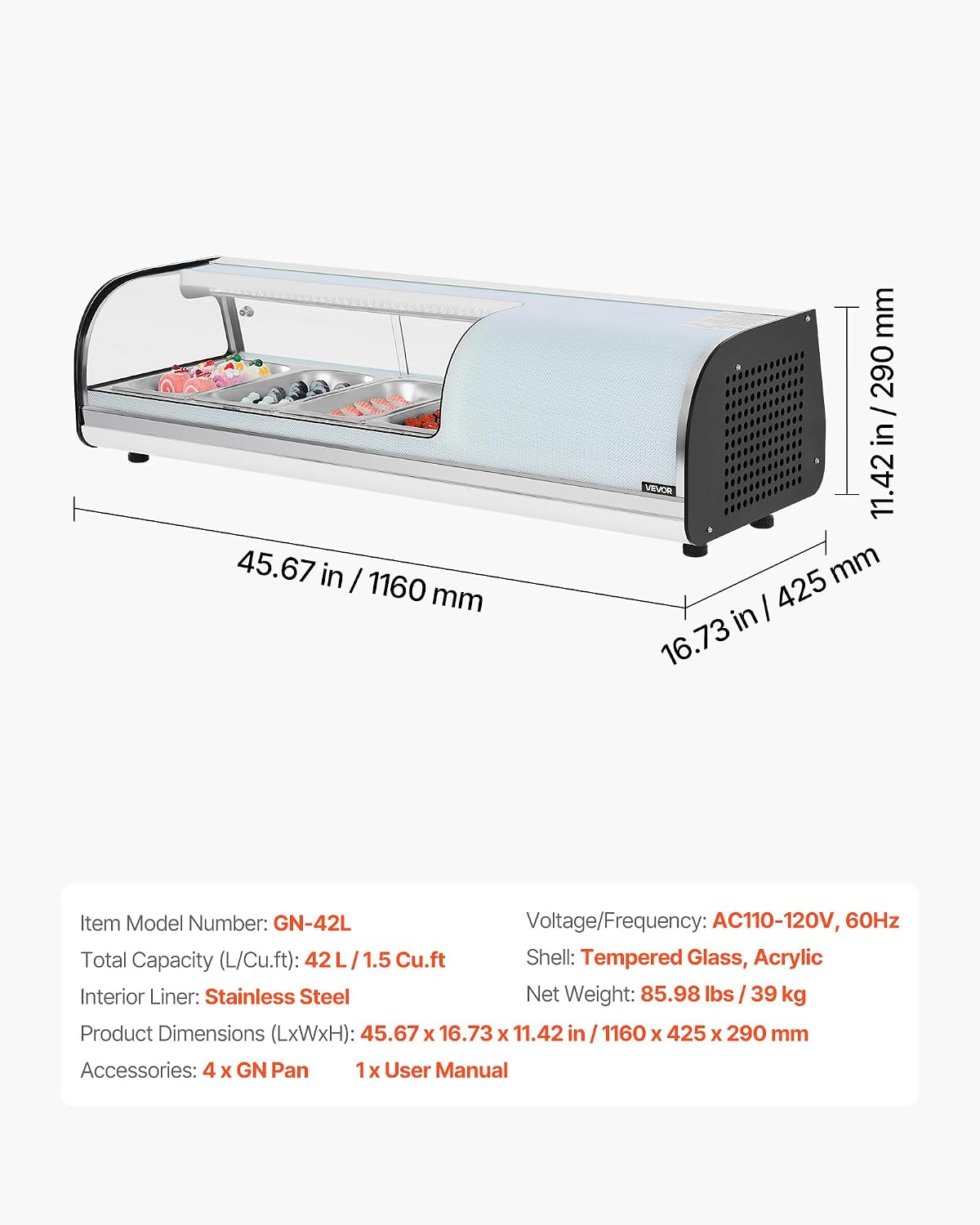 VEVOR Sushi Display Case Refrigerator, 1.5 Cu.ft Commercial Sushi Case, 4-Pan Countertop Showcase with Curved Glass, LED Lighting, and Digital Temperature Control, for Sushi-Bar, Restaurant, Store