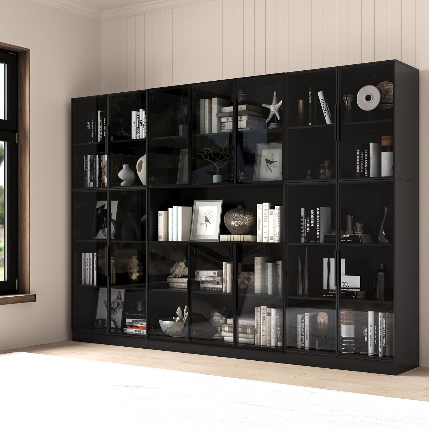 Mekminop Bookcase with Glass Doors and RGB Led Lights, Combination Display Cabinet with 19 Shelves, Modern Glass Display Case Set of 3, Black
